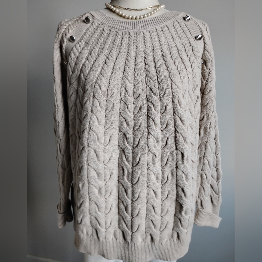 Talbots Cotton Wool Blend Cable Knit Sweater Natural Tan Silver Buttons - Picture 3 of 15
